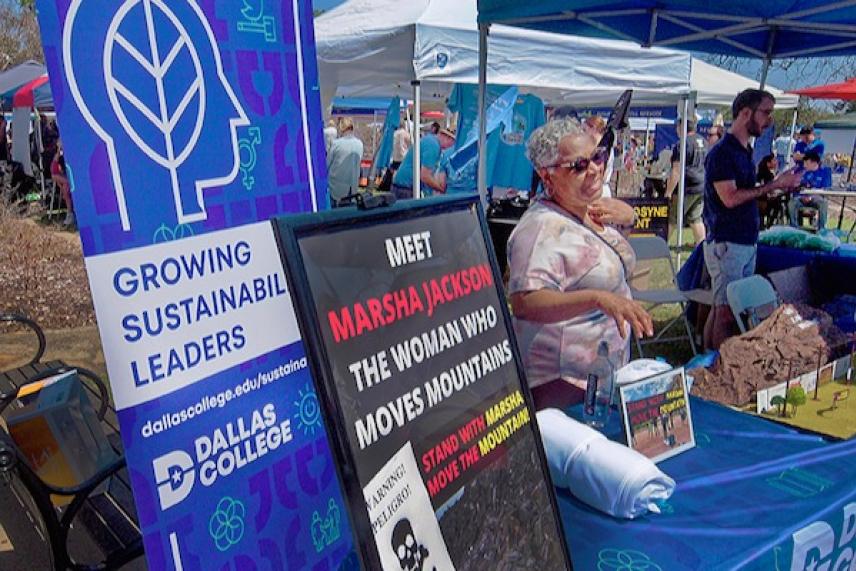 Outdoor market stall with blue banners and a woman standing behind a table.