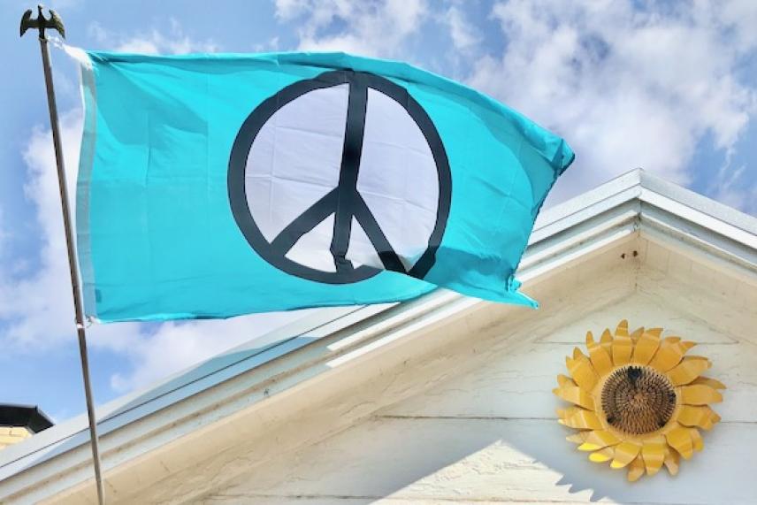 Blue flag with a black peace symbol, flying above a building with a sunflower decoration.
