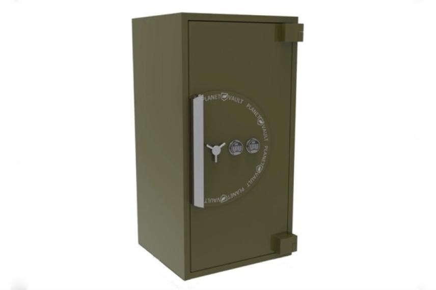 Olive green safe with a silver handle on a white background.