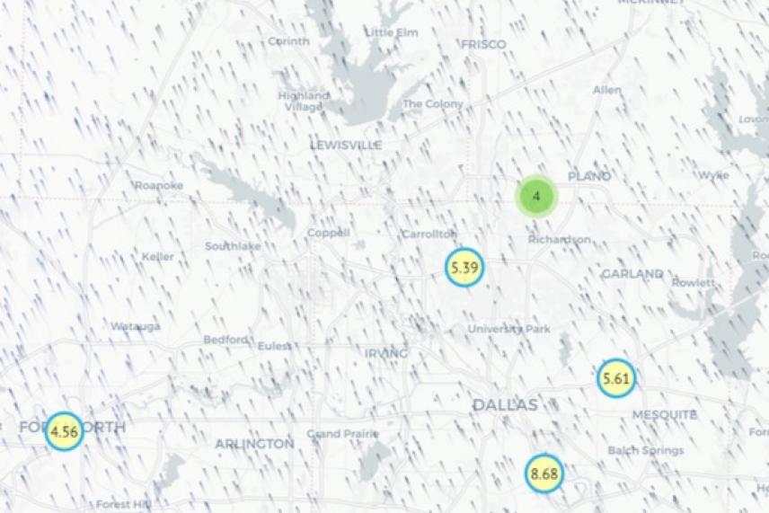 Map with clustered data points marked by numbers and colors.