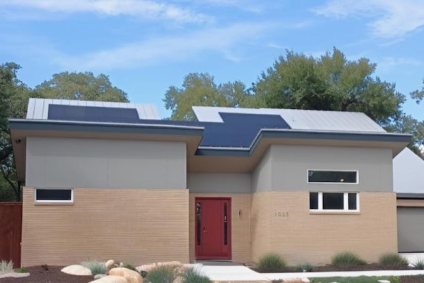 Modern house with solar panels and red door, surrounded by trees.