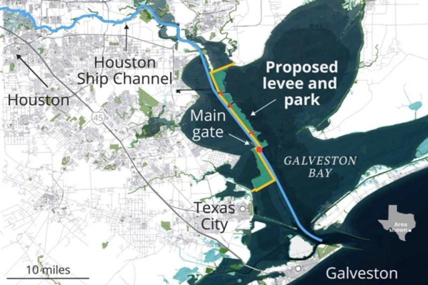 Map showing proposed levee and park near Galveston Bay, Texas.