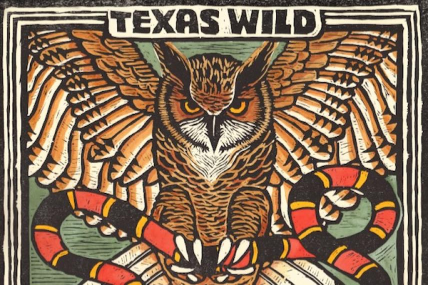 Owl with spread wings and coiled snake, labeled "Texas Wild".
