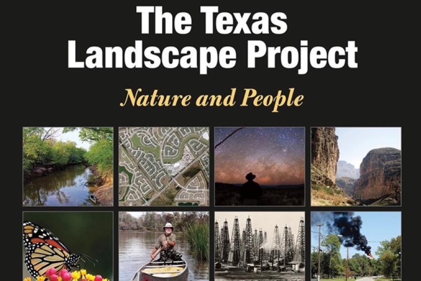 Texas landscapes collage: river, suburb, starry sky, canyon, butterfly, kayak, oil field, tree.