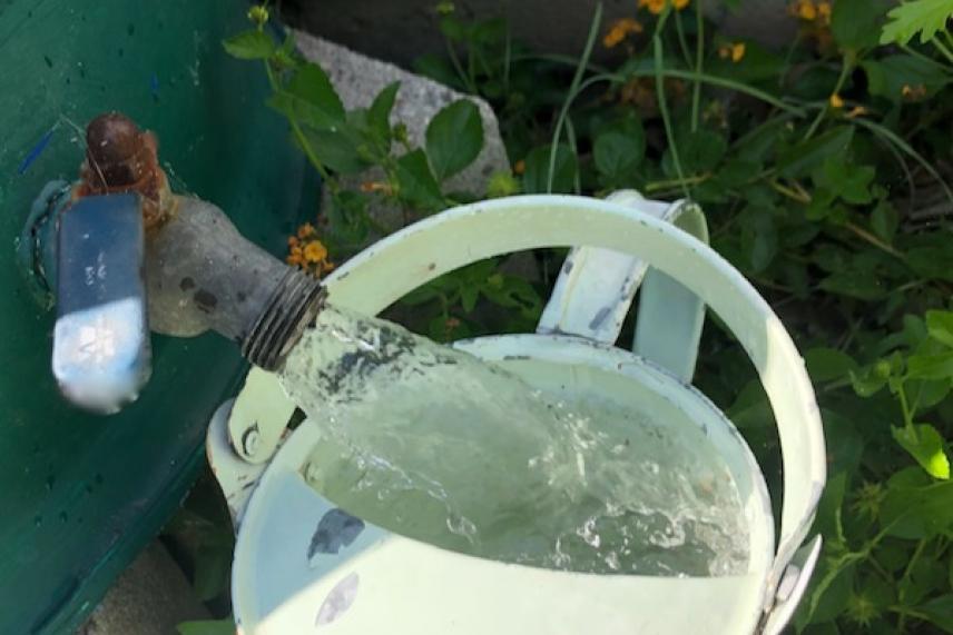 Water pouring from tap into a watering can outdoors.