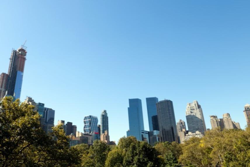 Skyline with tall buildings and trees under a clear blue sky.