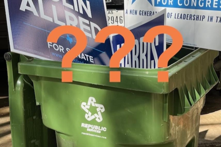 Green recycling bin filled with political campaign signs, orange question marks overlayed.
