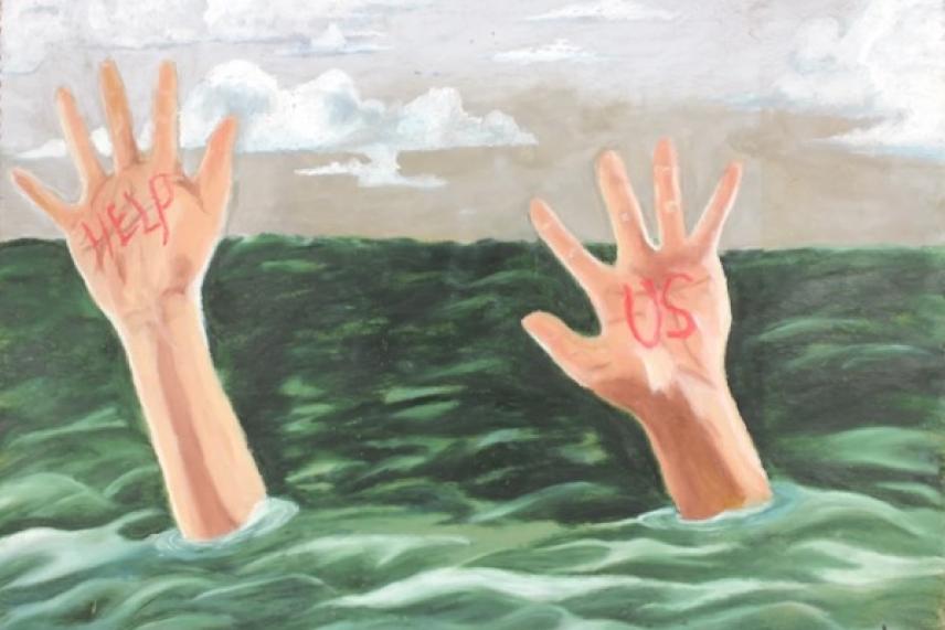 Two hands reaching out of water under a cloudy sky.