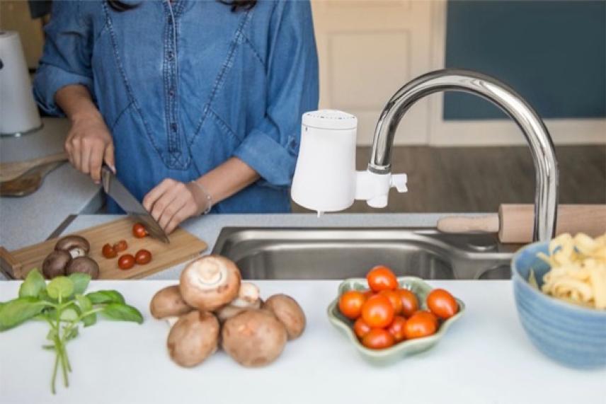 Woman chopping vegetables in a kitchen next to a sink.