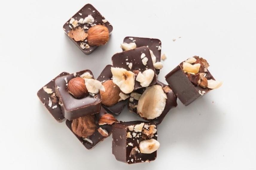 Dark chocolate squares with whole and chopped hazelnuts.