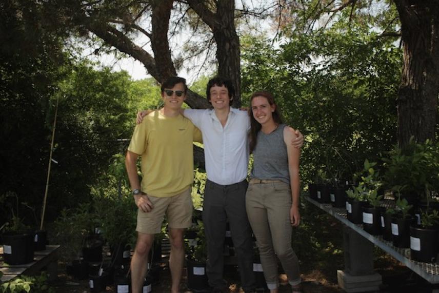 Three people smiling, standing with arms around each other in a leafy garden.