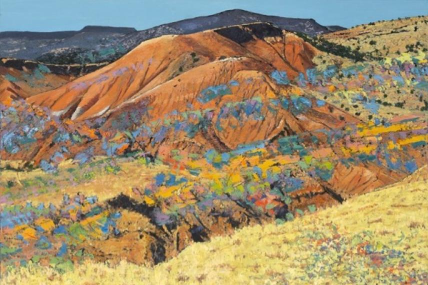 Colorful landscape painting of rugged, orange hills with patches of green and blue sky.
