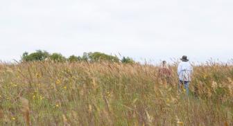 Two people walking through a grassy field under a cloudy sky.