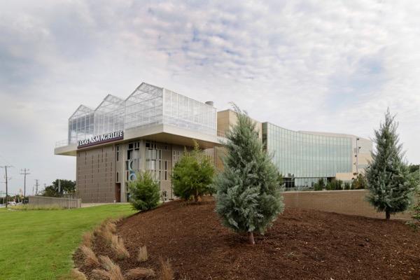 Modern building with glass façade, surrounded by trees and a landscaped garden.