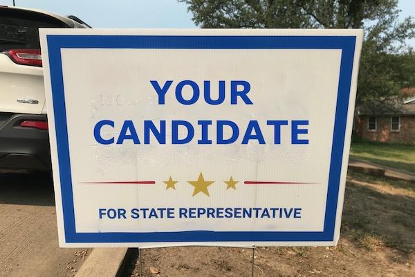 Campaign sign for state representative on a lawn.