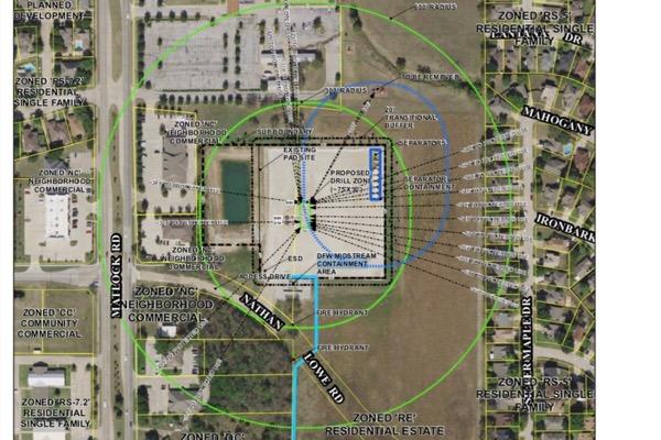 Aerial map with a central building and marked zones in green and blue circles.
