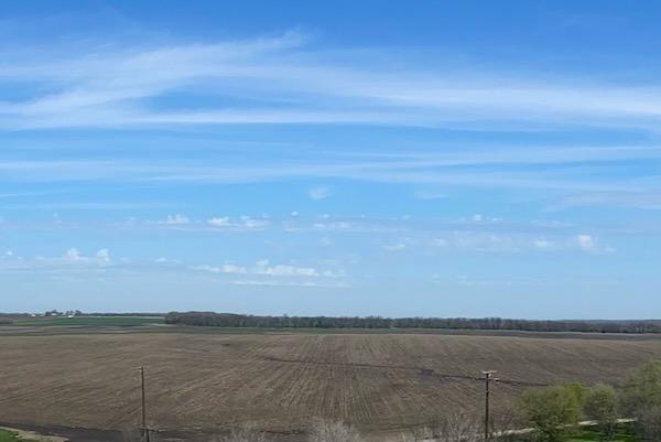 Vast open field under a clear blue sky with wispy clouds.