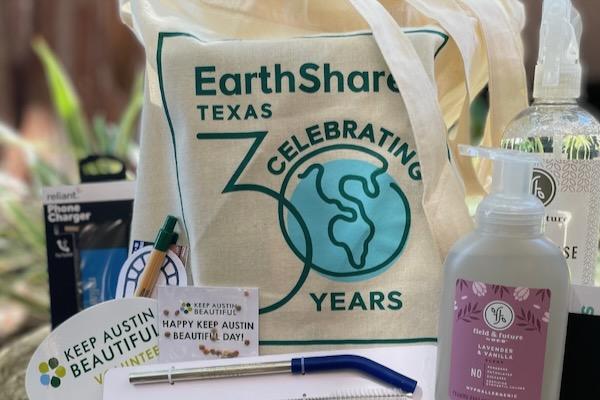 Tote bag and eco-friendly products on display outdoors.