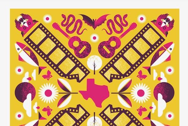 Texas-themed graphic with guitars, film strips, and flowers on yellow.