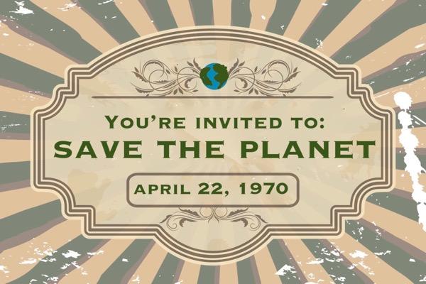 Retro Earth Day event invitation with a globe icon.