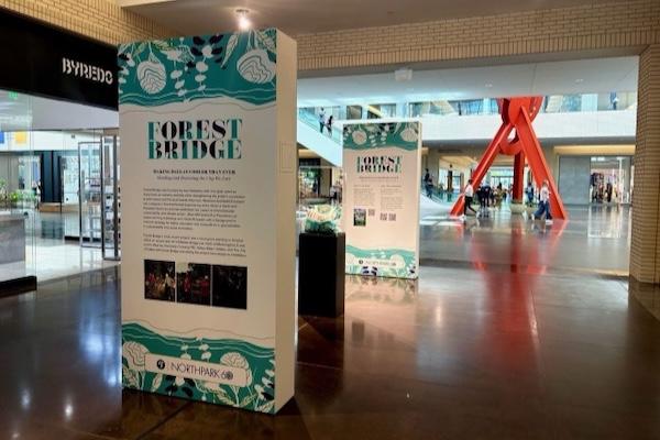 Exhibit display with teal graphics in a modern indoor setting.