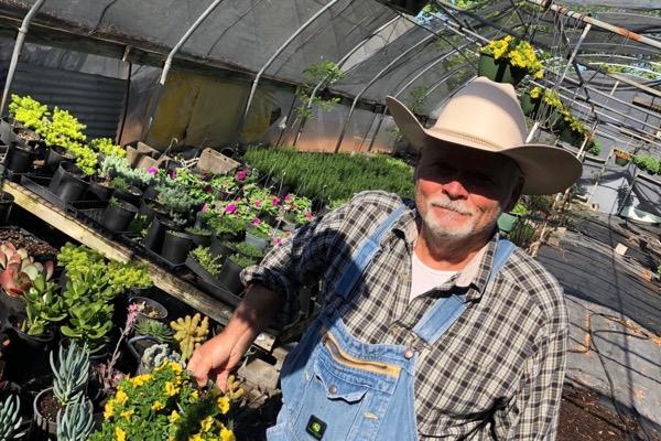 Man in a greenhouse wearing a hat and overalls, surrounded by plants.