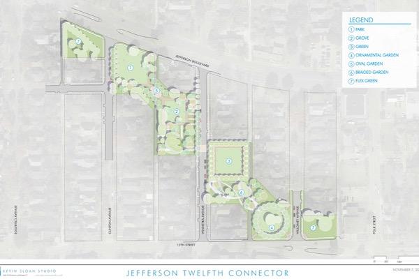Map of Jefferson Twelfth Connector with green spaces and pathways.