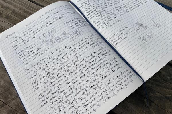 Open notebook with handwritten notes and sketches on wooden table.