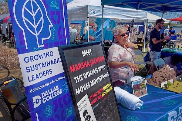Outdoor market stall with blue banners and a woman standing behind a table.