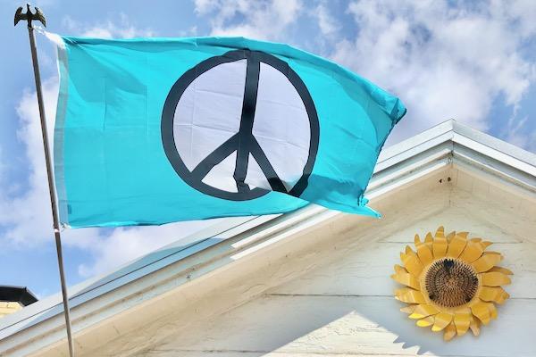 Blue flag with a black peace symbol, flying above a building with a sunflower decoration.