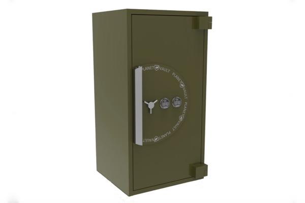Olive green safe with a silver handle on a white background.