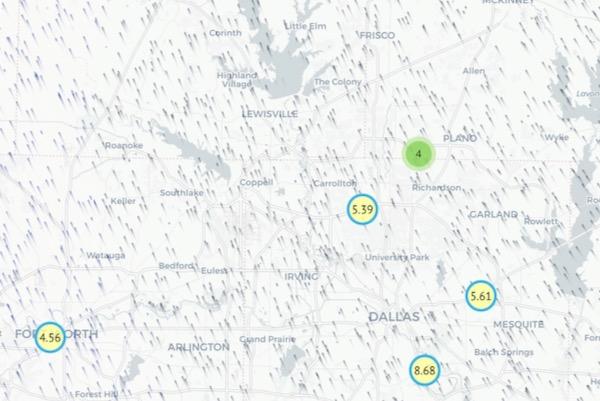 Map with clustered data points marked by numbers and colors.