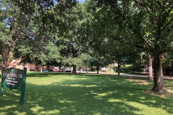 Green park with lush trees and a sign on the lawn, sunny day.
