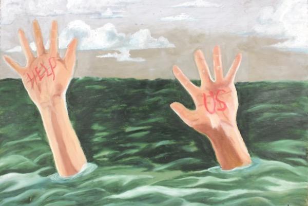Two hands reaching out of water under a cloudy sky.