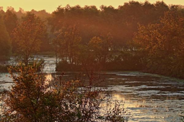 Sunlit river with autumn trees and mist, under a warm orange sky.